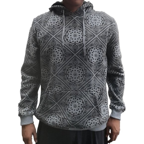 fifth degree Other - Mens Bandana Print Grunge Hoodie Pullover Grey Printed Sweatshirt